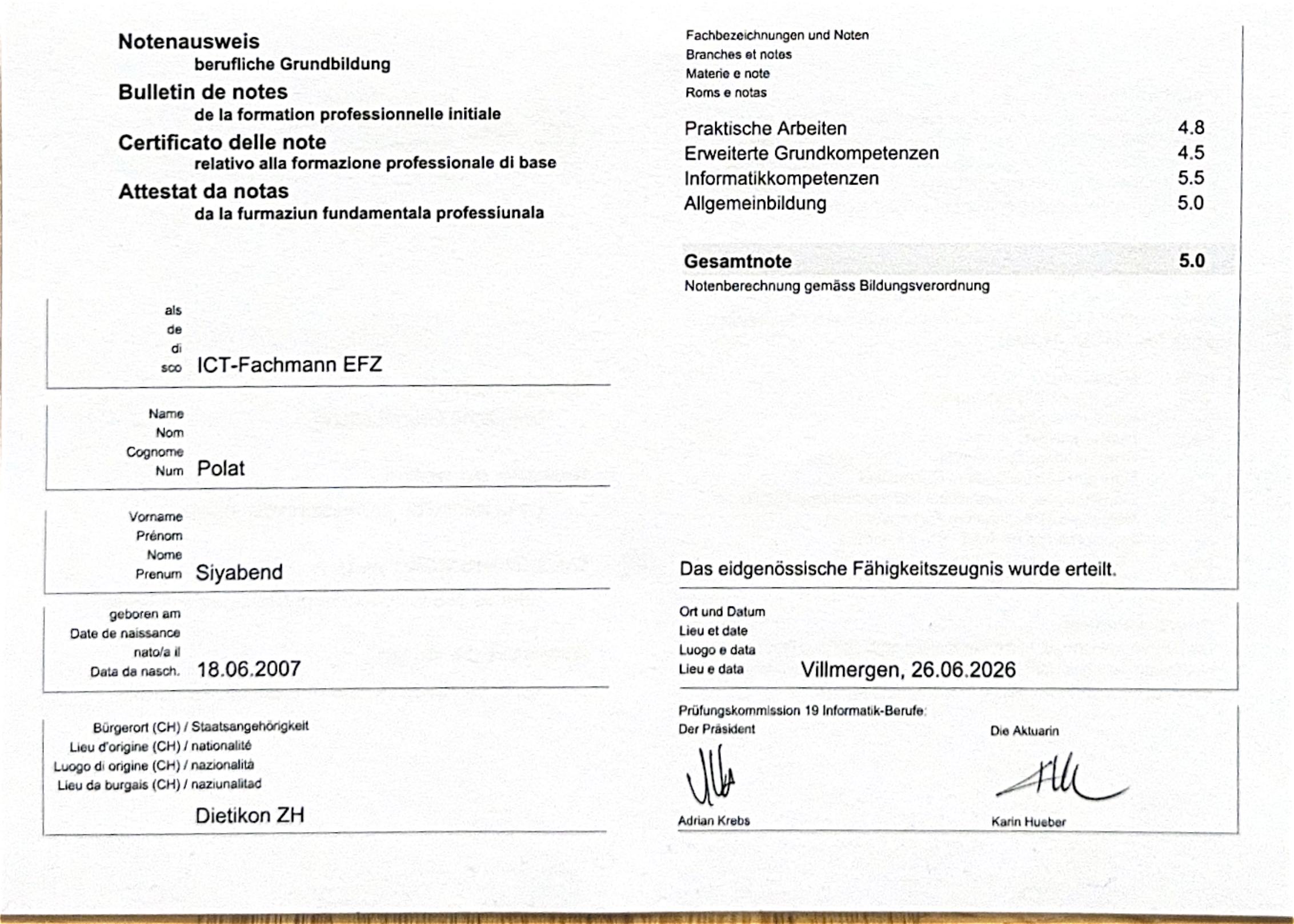 Notenausweis EFZ von Siyabend Polat mit Gesamtnote 5.0